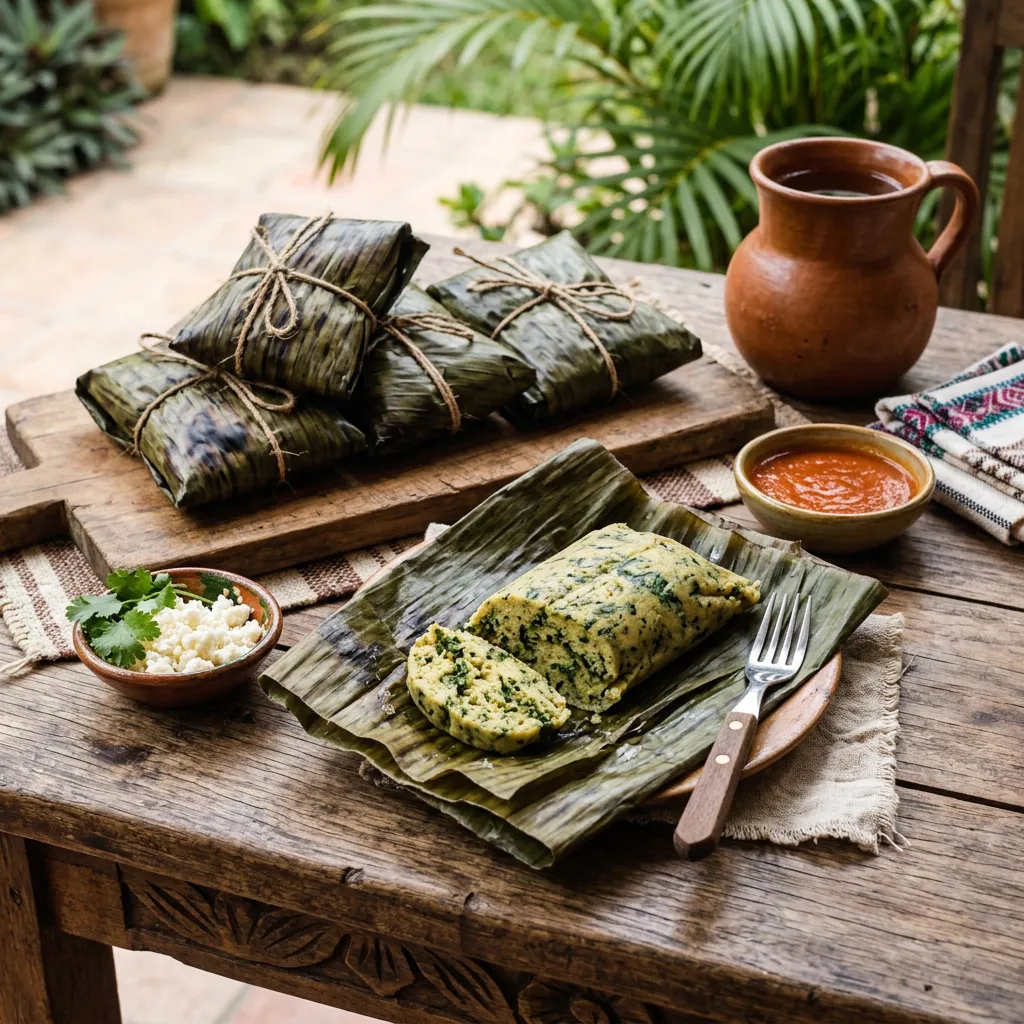 Bollitos de masa de maíz con puntos verdes de chaya, envueltos en hoja de plátano