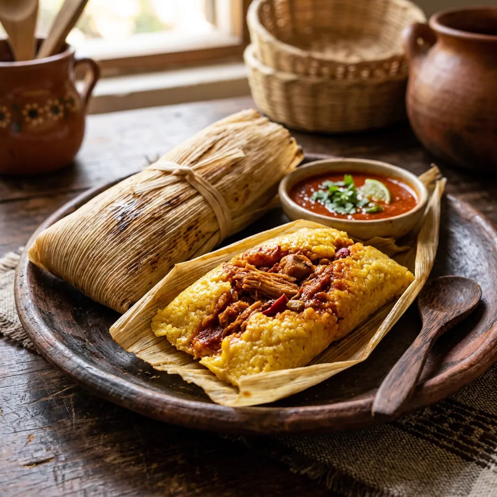 Tamales de elote rellenos con recado rojo, servidos sobre tuzas