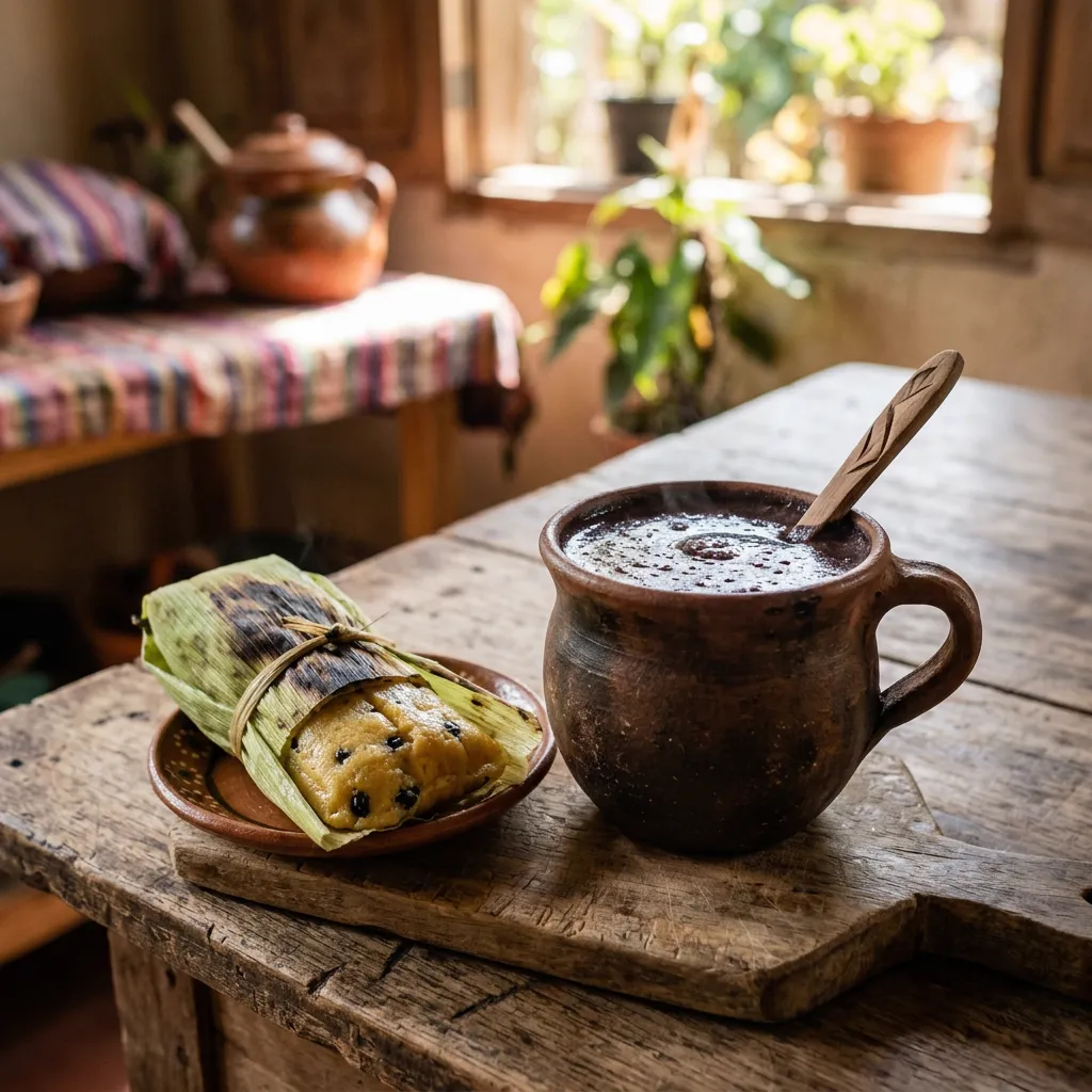 Atol oscuro servido en taza de barro humeante