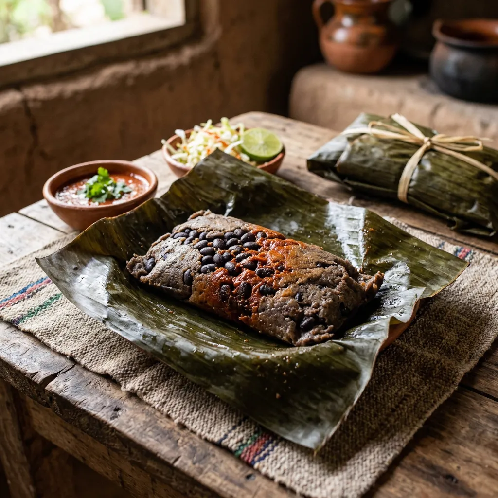 Tamales rústicos mostrando granos de frijol oscuro entre la masa
