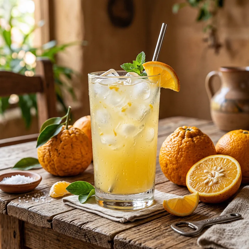 Vaso de vidrio con fresco de naranja agria amarillo claro y mucho hielo