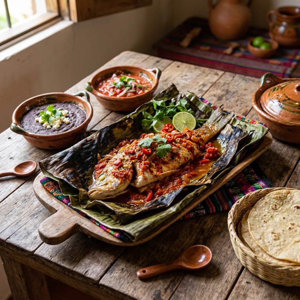 Pescado entero cocinado en hojas de plátano con tomate y especias