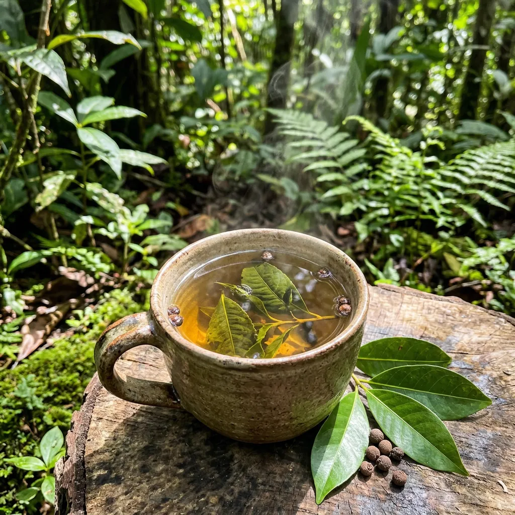 Taza de barro humeante con infusión clara y hojas de pimienta verdes flotando