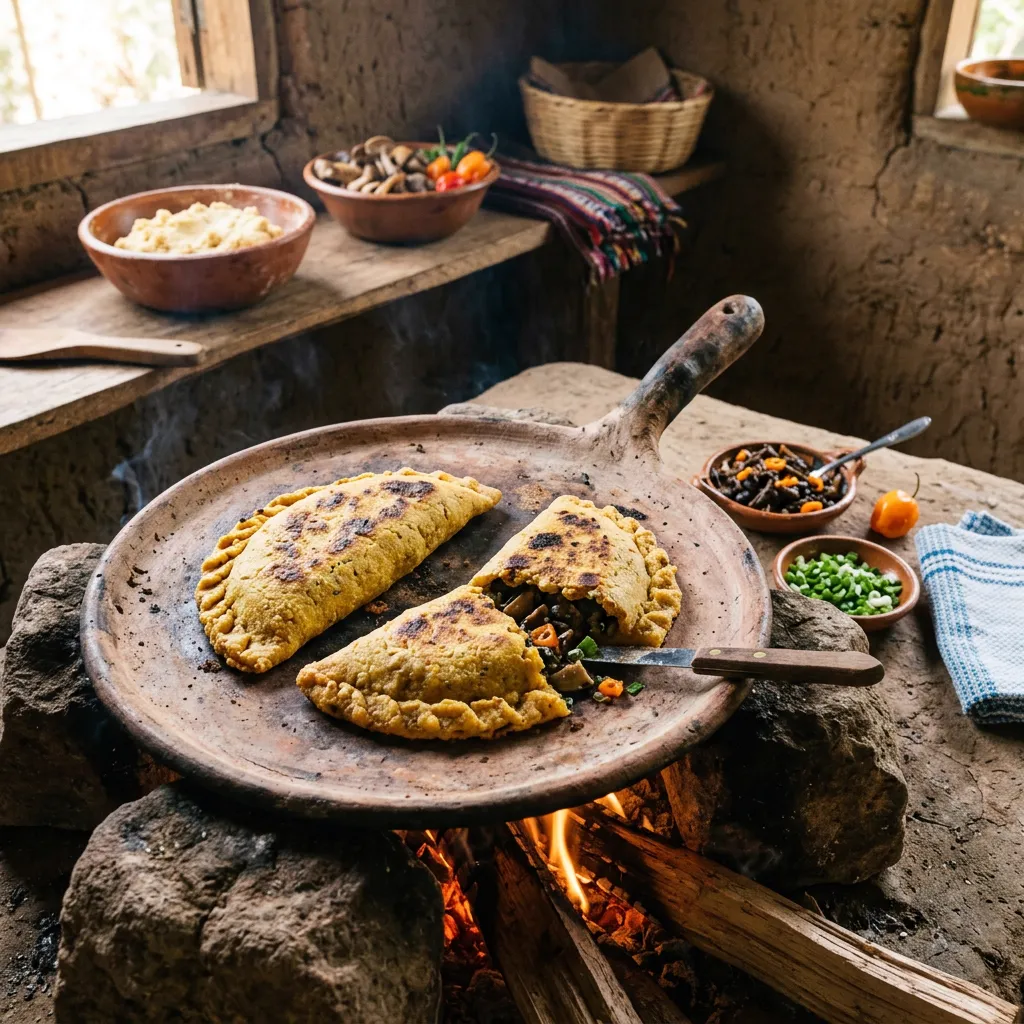Empanadas de masa de maíz sobre un comal de barro
