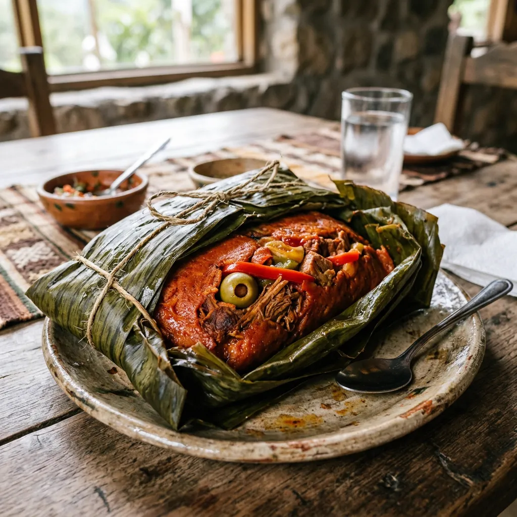 Tamal petenero abierto mostrando aceitunas y carne