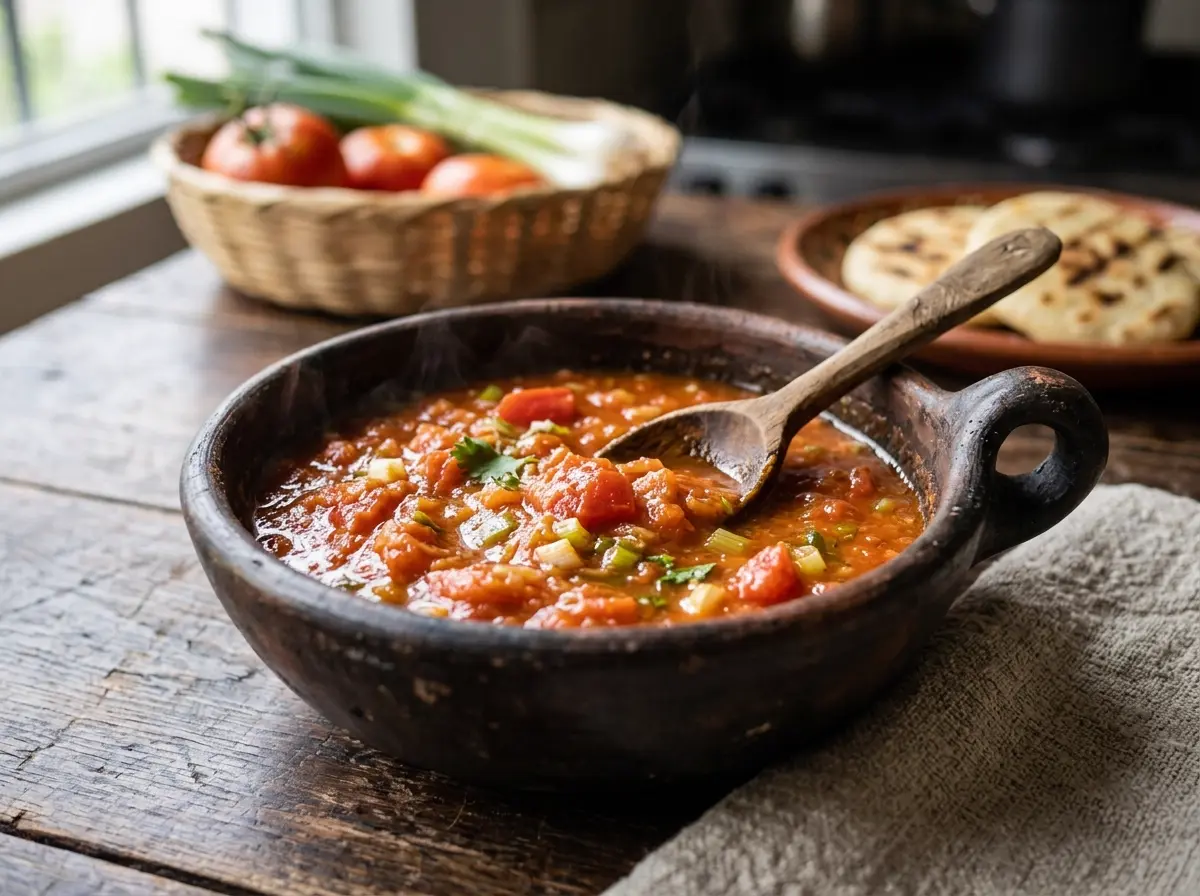 Guiso rojo rústico de tomate y cebolla en tazón