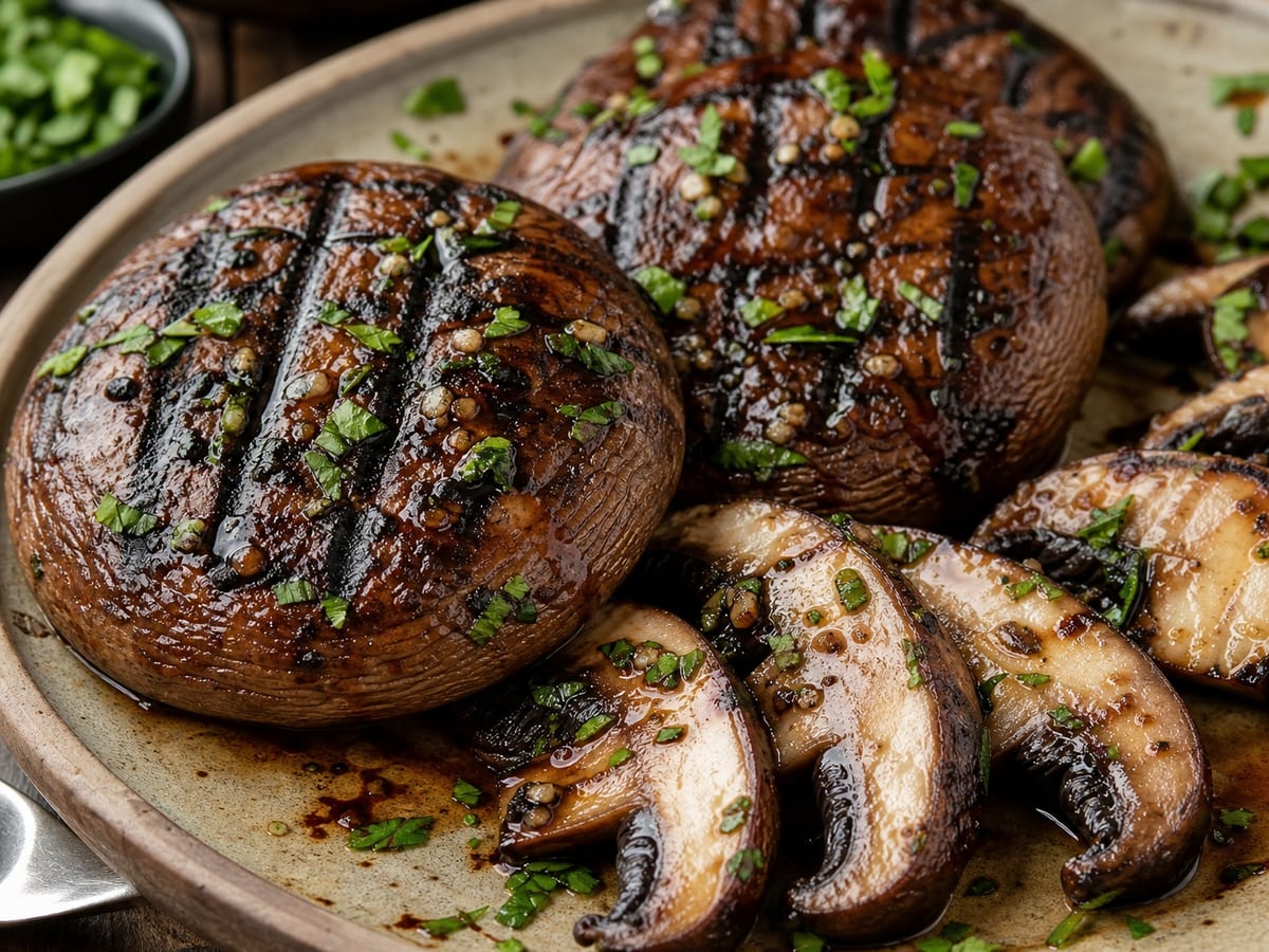 Hongos portobello dorados a la parrilla con ajo, perejil y marcas de rejilla