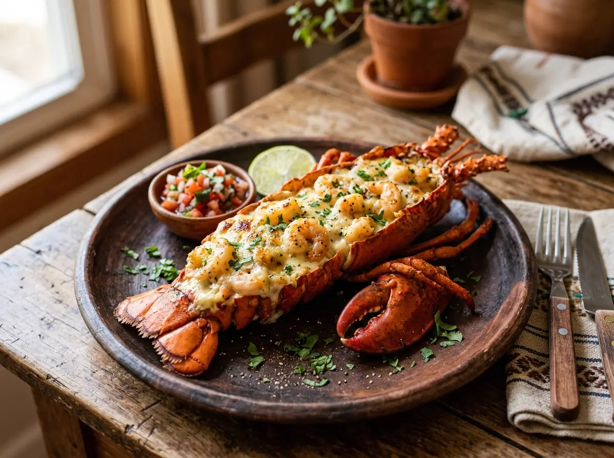 Langosta gratinada rellena de camarones en plato rústico