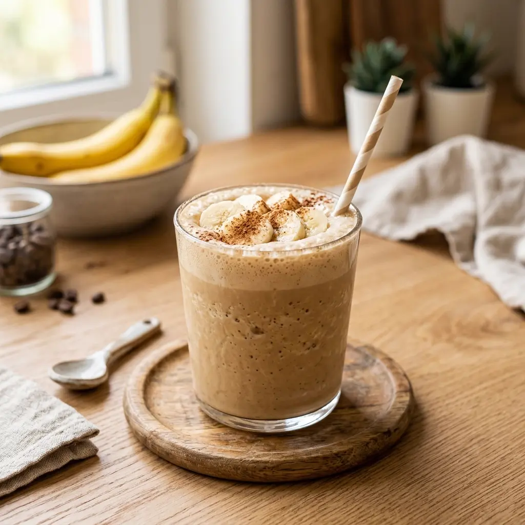 Vaso de licuado espumoso de café y banano