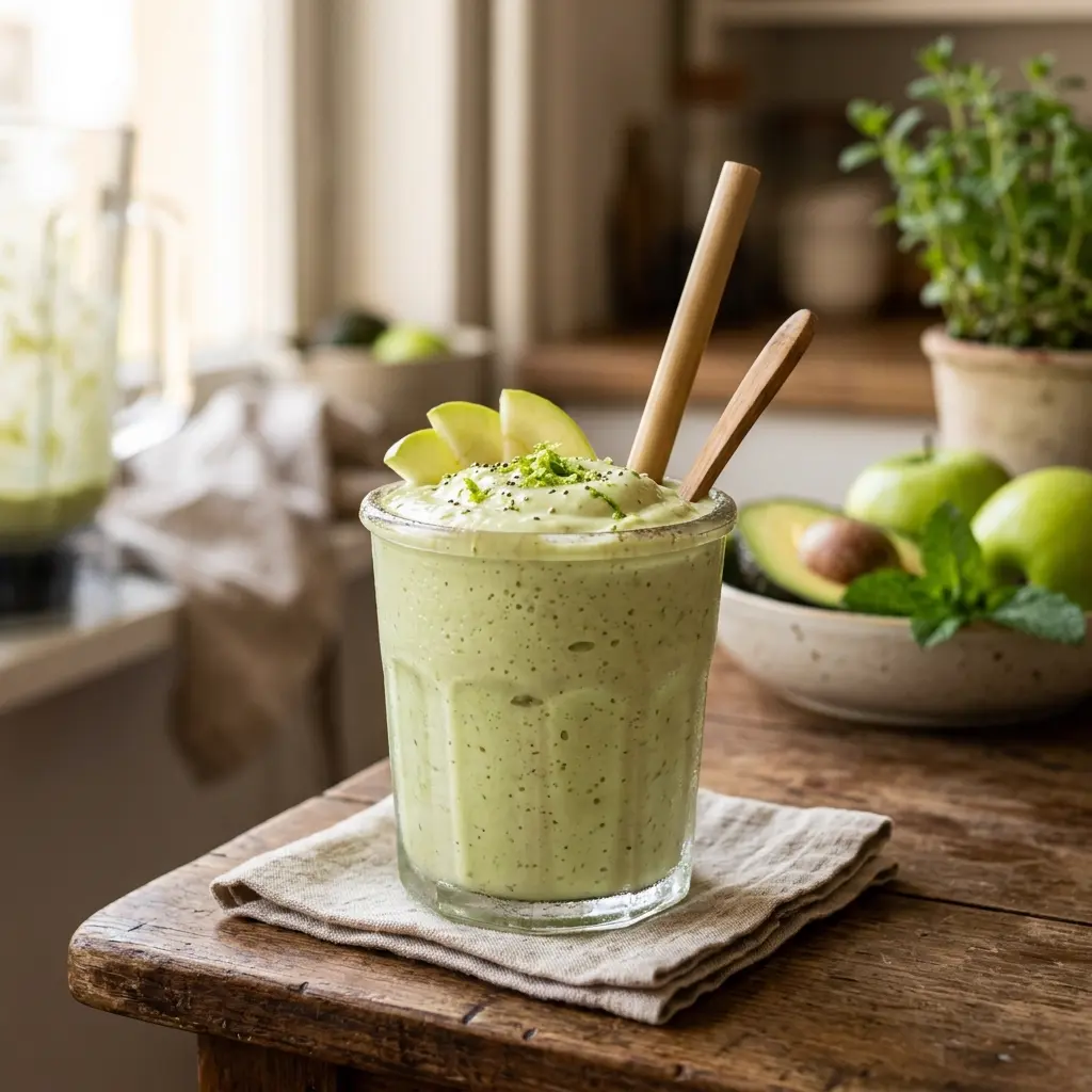 Vaso de licuado verde muy cremoso a base de aguacate