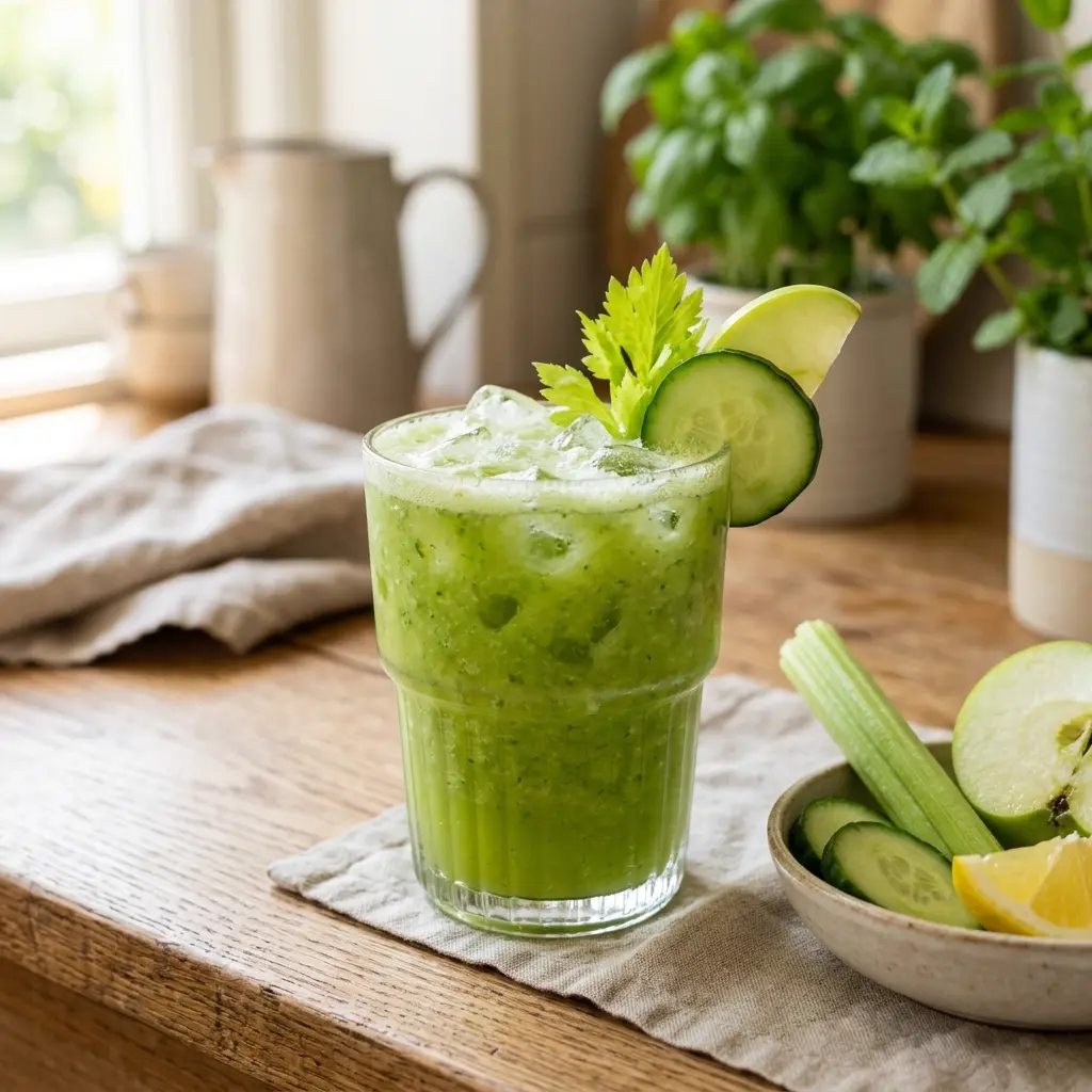Vaso de licuado verde claro de pepino y limón