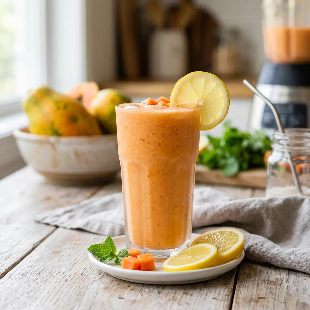 Vaso de licuado de papaya decorado con una rodaja de limón