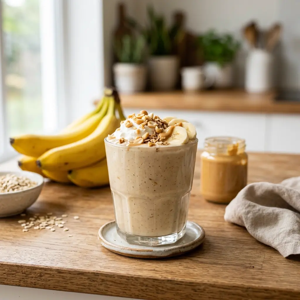 Vaso de licuado cremoso de banano y mantequilla de maní