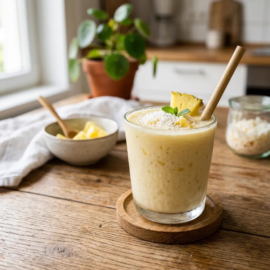 Vaso de licuado cremoso de piña y coco