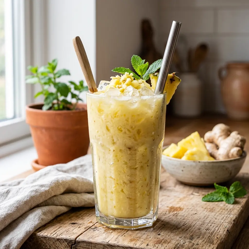 Vaso de licuado amarillo de piña y jengibre fresco