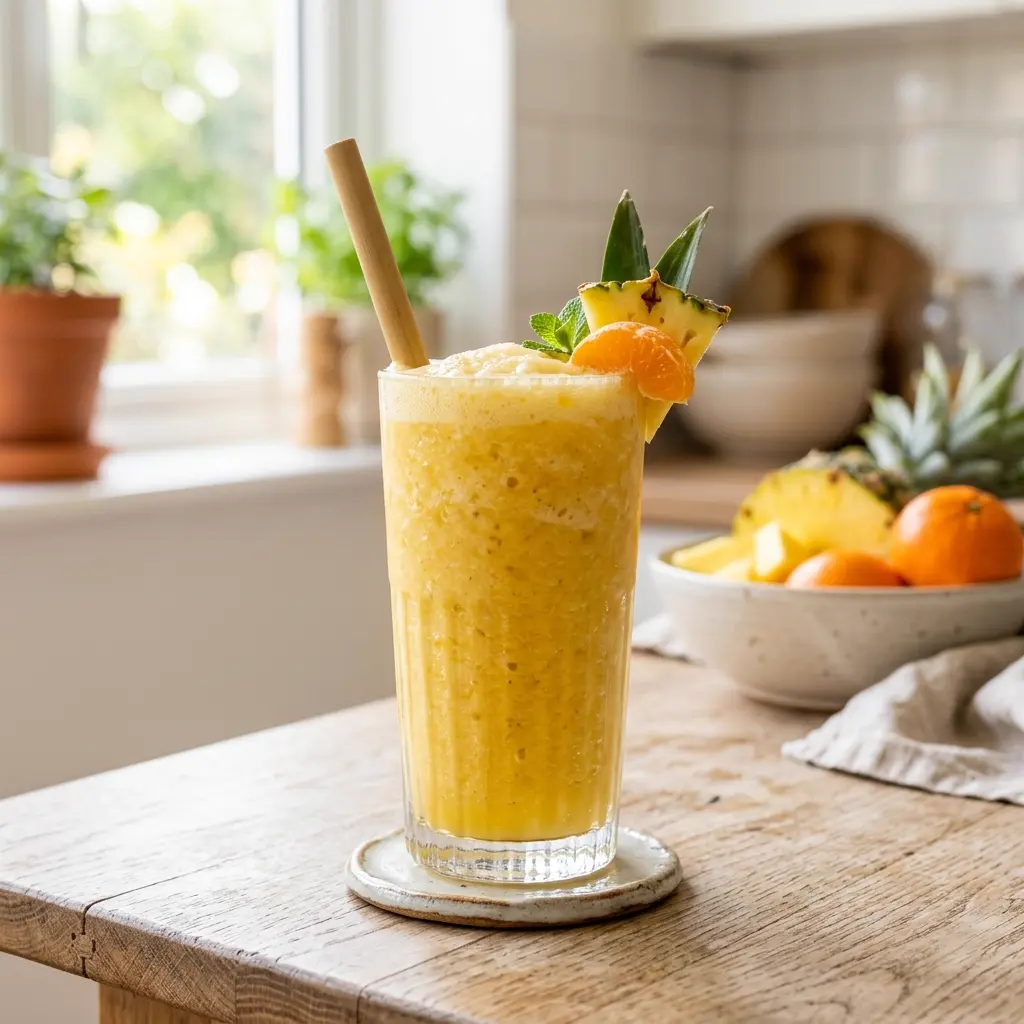 Vaso de licuado amarillo de piña y mandarina