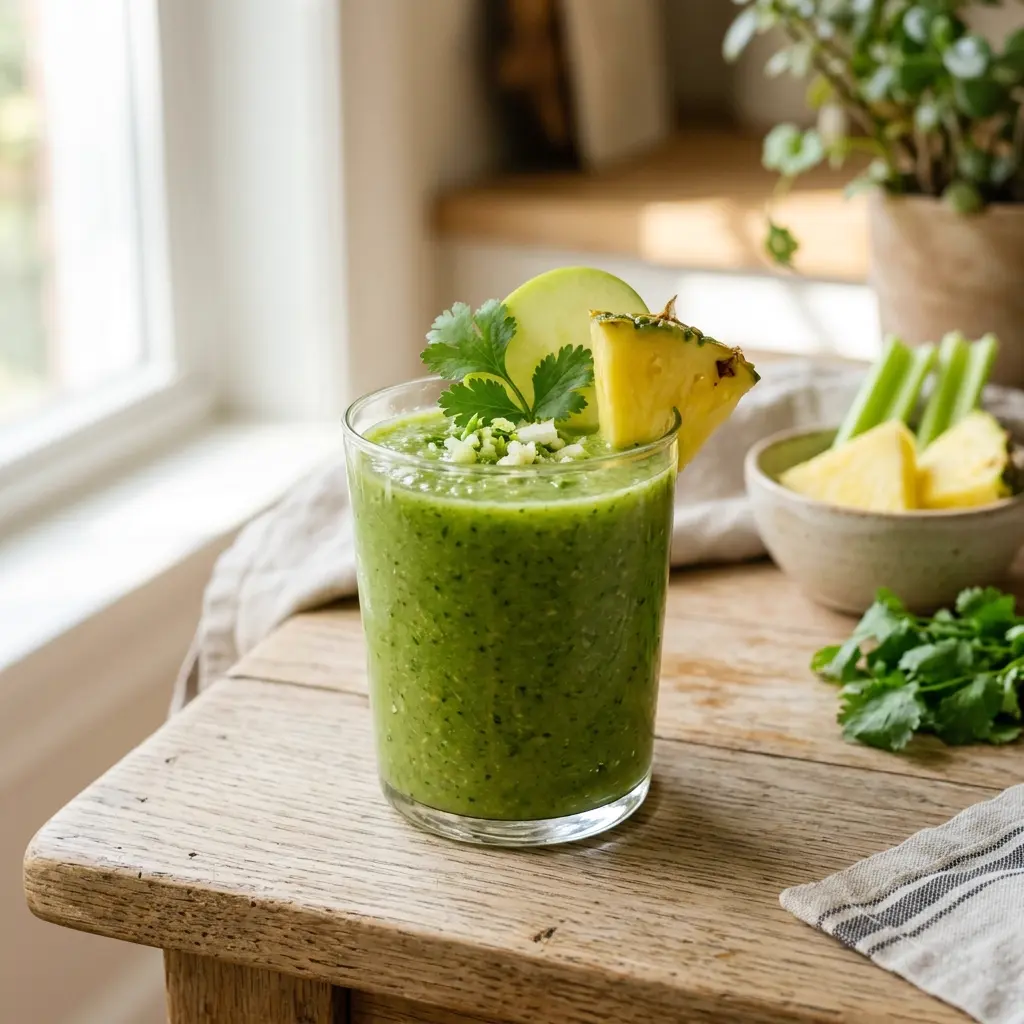 Vaso de licuado verde tropical con piña y apio