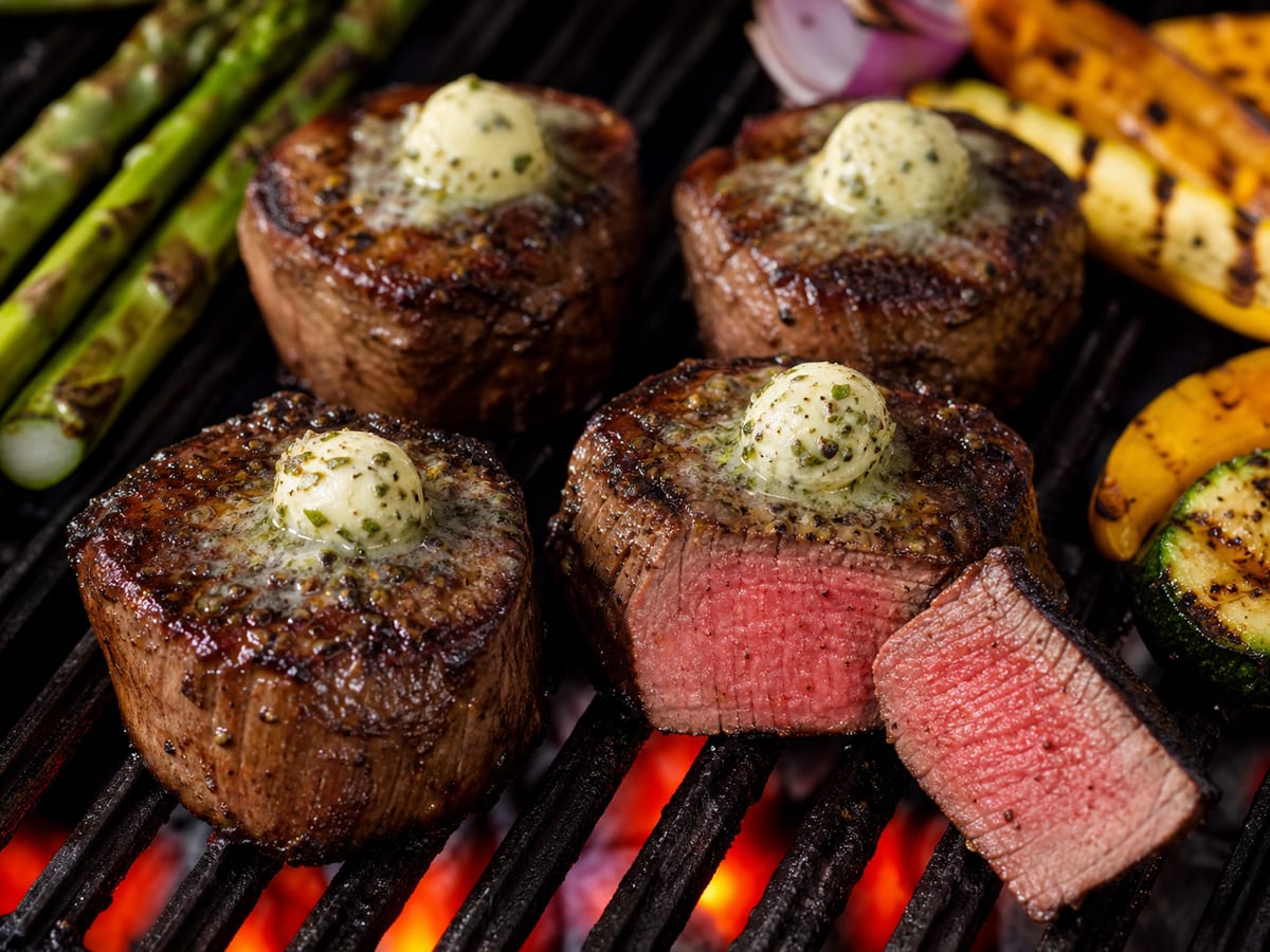 Medallones de lomito de res a la parrilla con mantequilla de hierbas y marcas doradas