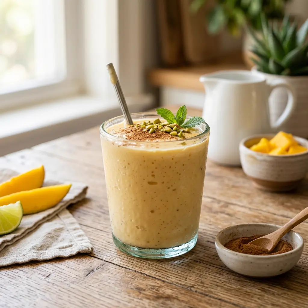 Vaso de mango lassi de color naranja pálido espolvoreado con canela