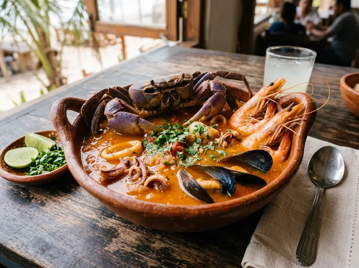 Mariscada salvadoreña en plato de barro con jaibas y camarones enteros