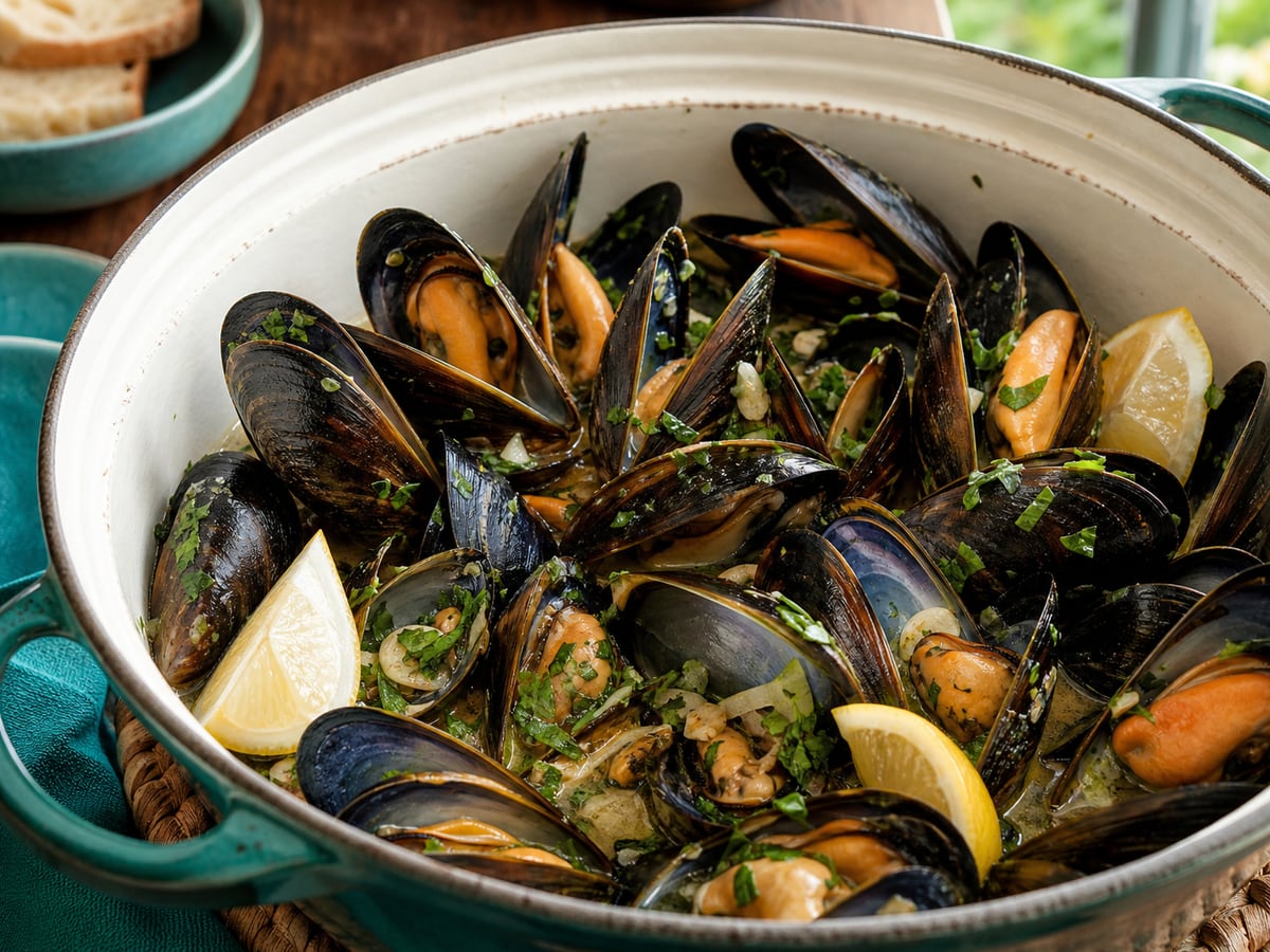 Mejillones al vapor con ajo servido con ajo y vino blanco opcional
