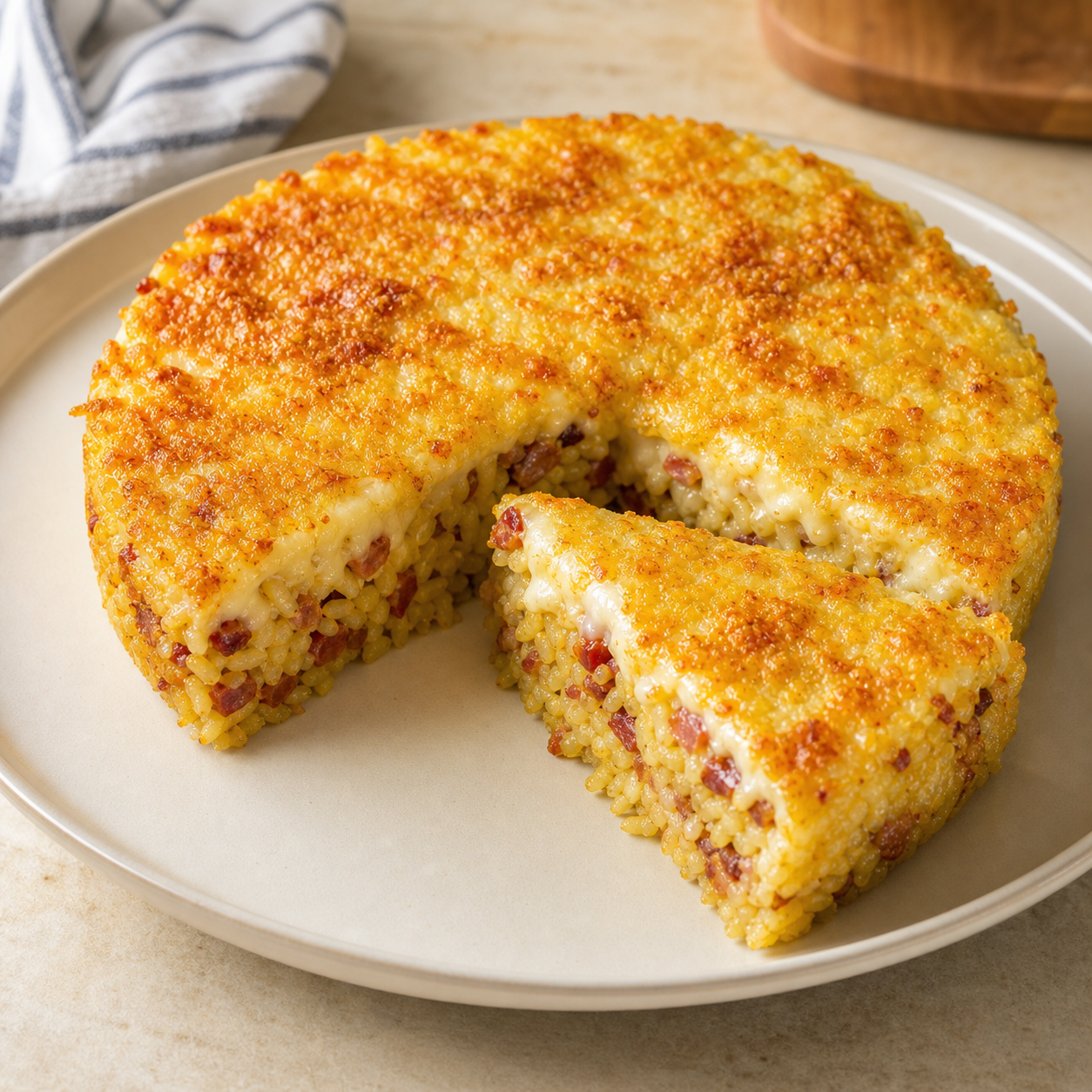 Molde de arroz gratinado con queso y salchichón