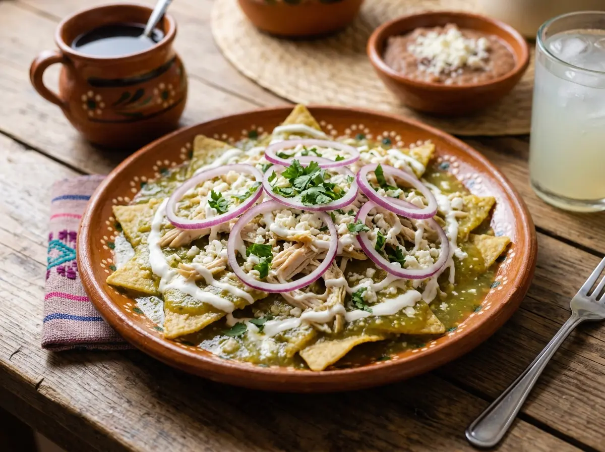 Plato de chilaquiles verdes con pollo, crema y aros de cebolla