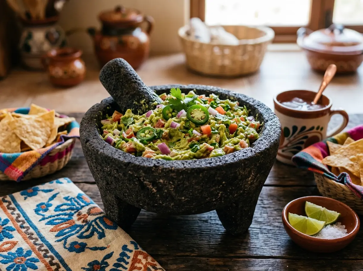 Guacamole fresco servido en un molcajete de piedra