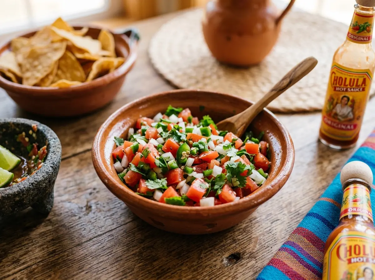 Tazón rústico de cerámica con salsa pico de gallo fresca y colorida
