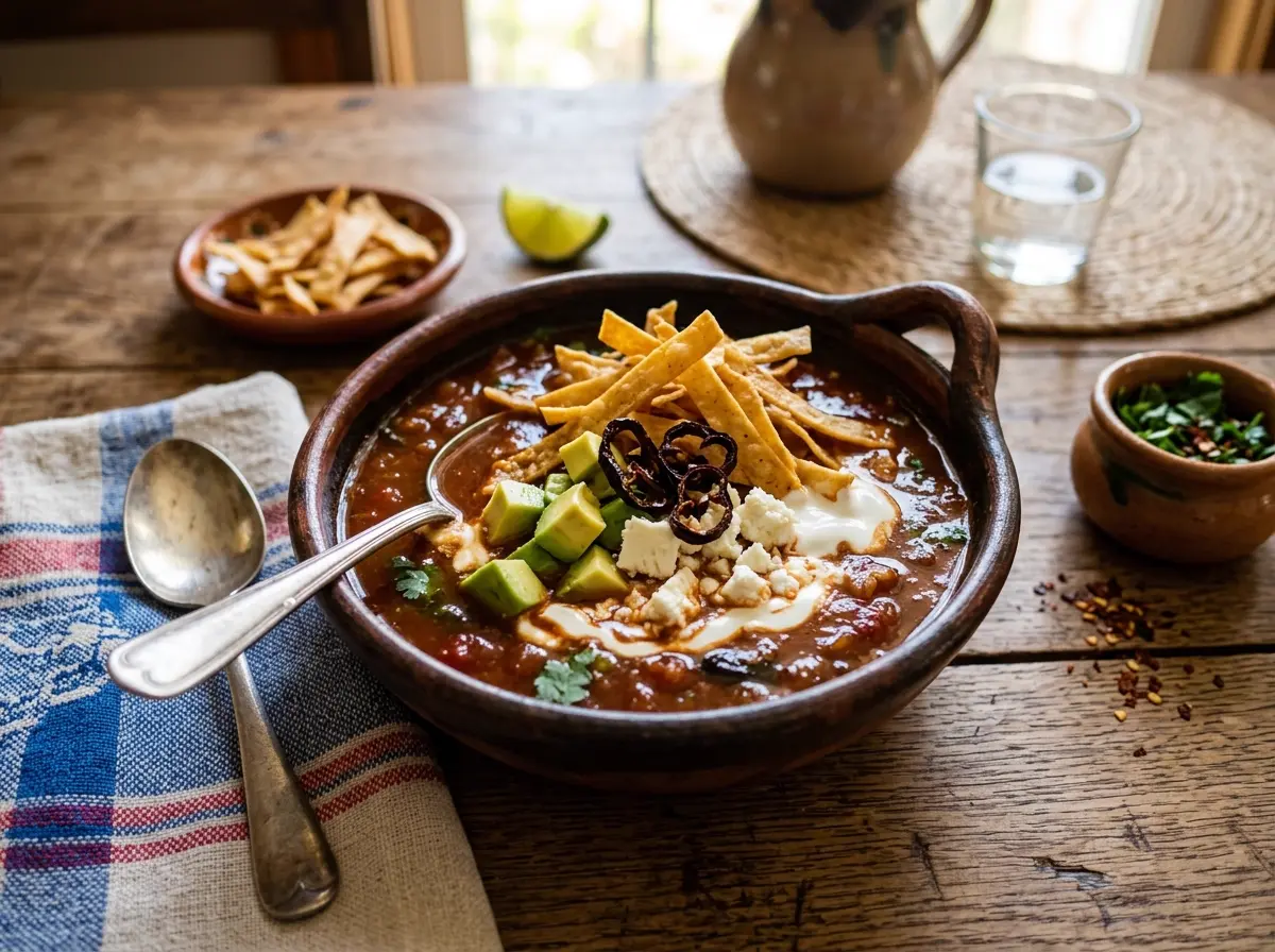 Sopa azteca roja servida en tazón de barro con aguacate y tiritas de tortilla