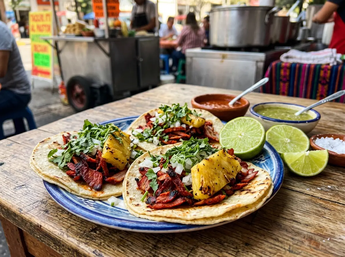 Tacos al pastor con piña, cilantro y cebolla sobre tortillas de maíz