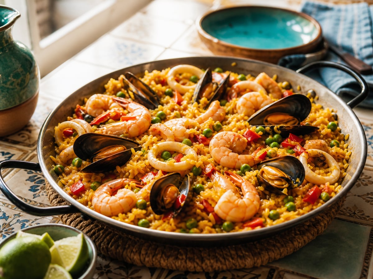 Paella sencilla de mariscos servido con arroz y azafrán o cúrcuma