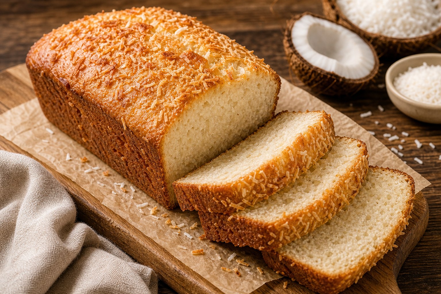 Pan de coco dorado y esponjoso