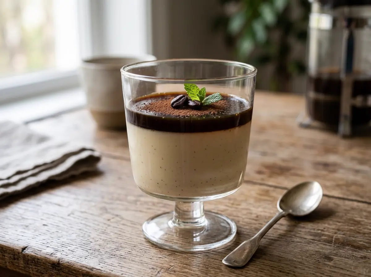 Vaso con panna cotta de café y capa oscura de espresso