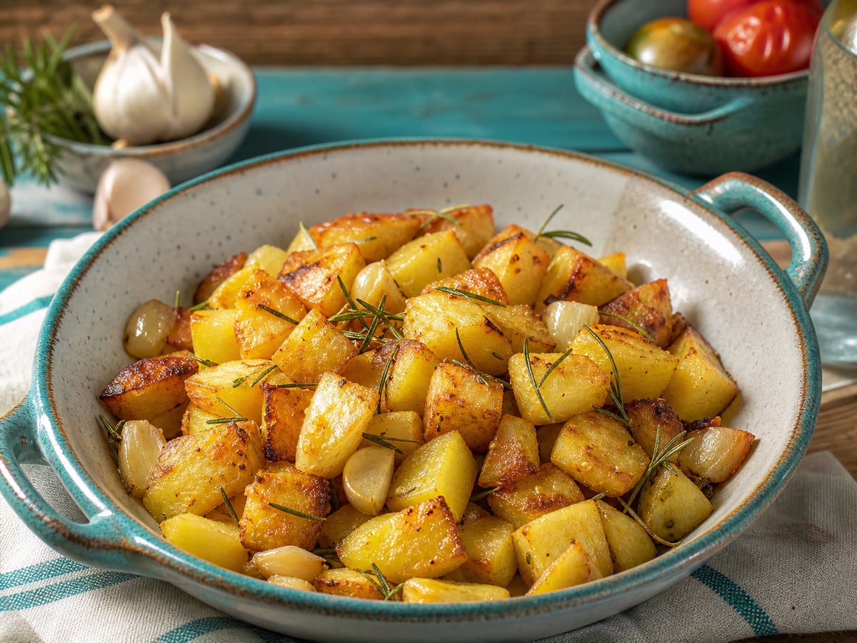 Papas doradas al ajo servido con ajo y romero