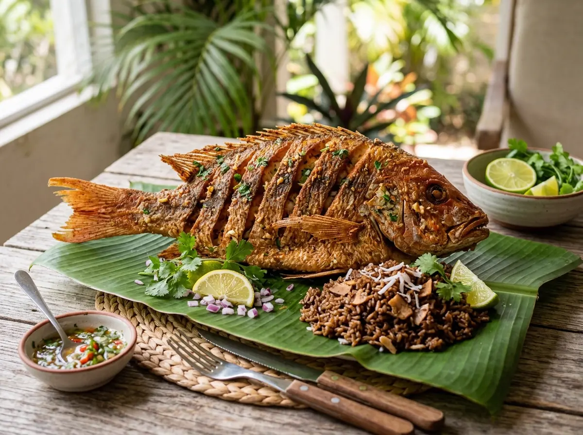 Pargo rojo frito sobre hoja de plátano con arroz oscuro