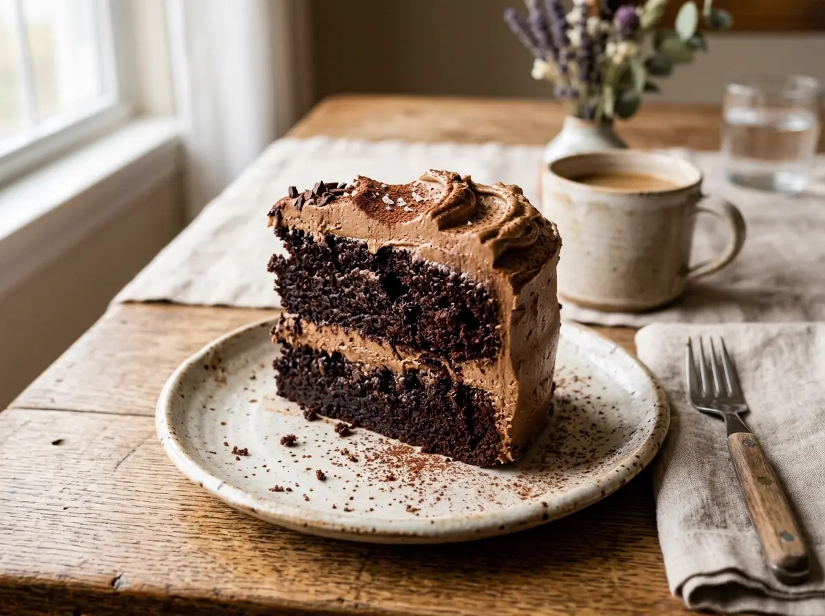 Rebanada de pastel oscuro de chocolate con crema de café
