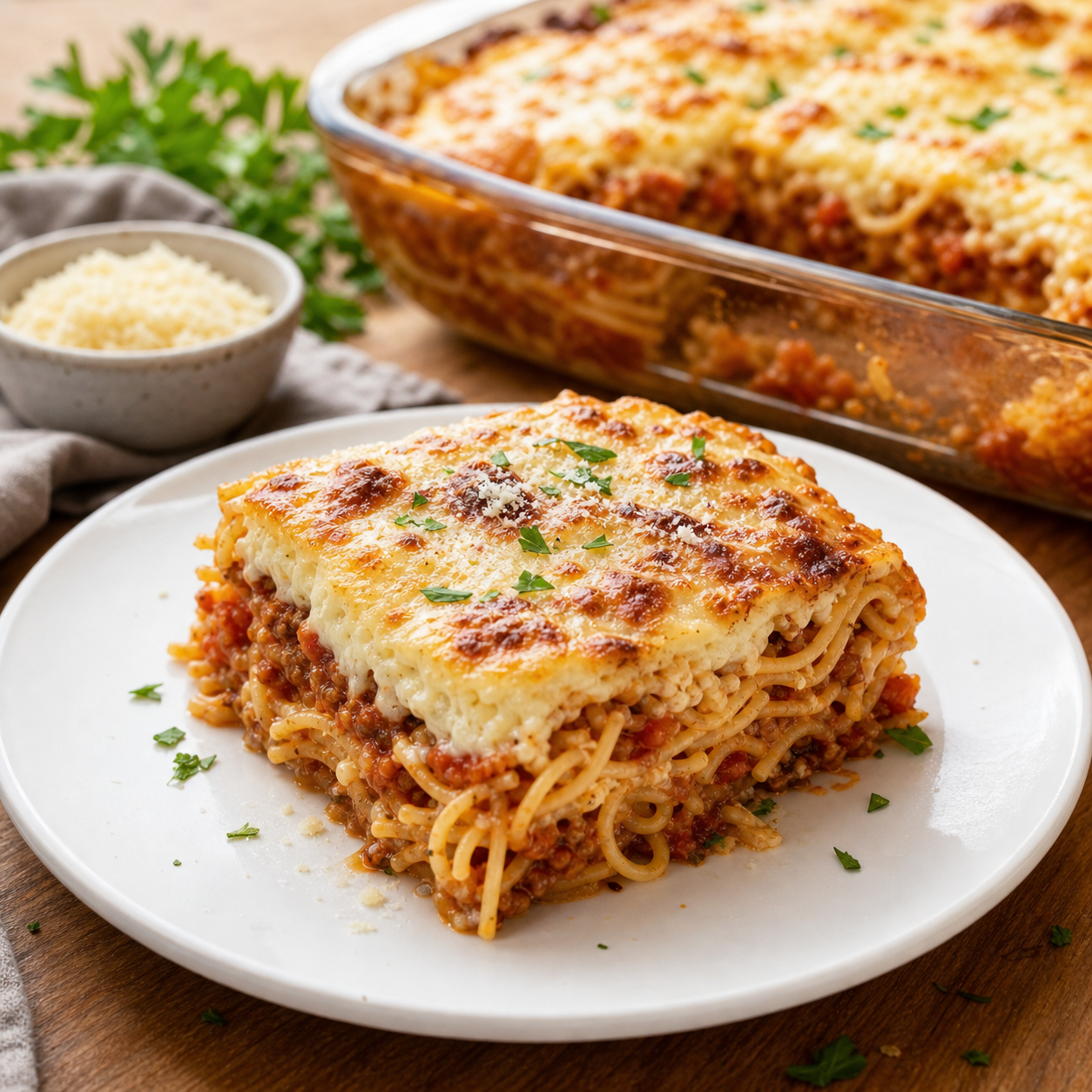 Pastel de espagueti con queso gratinado y salsa de tomate
