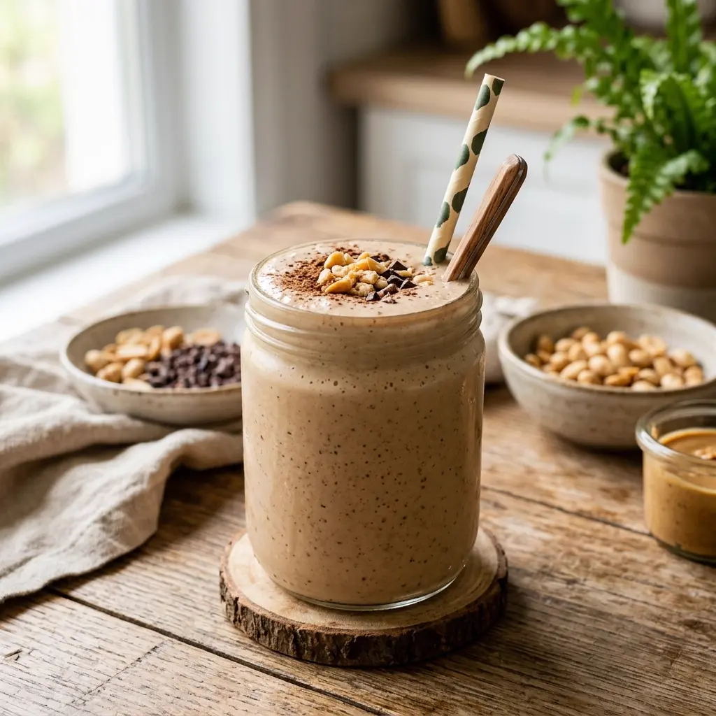 Vaso con licuado Peanut Cacao