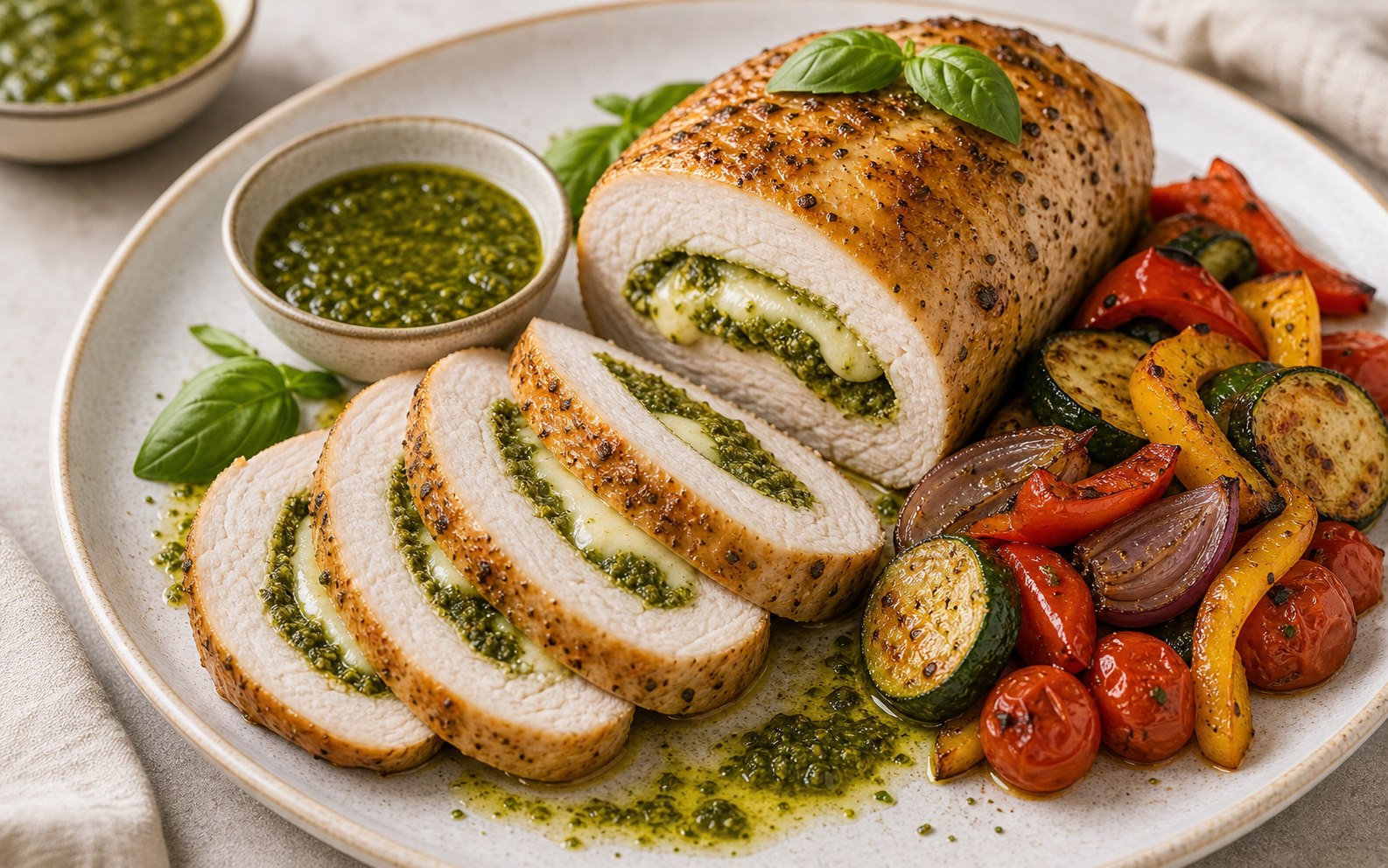 Rollo de pechuga de pavo rellena con queso y jamón