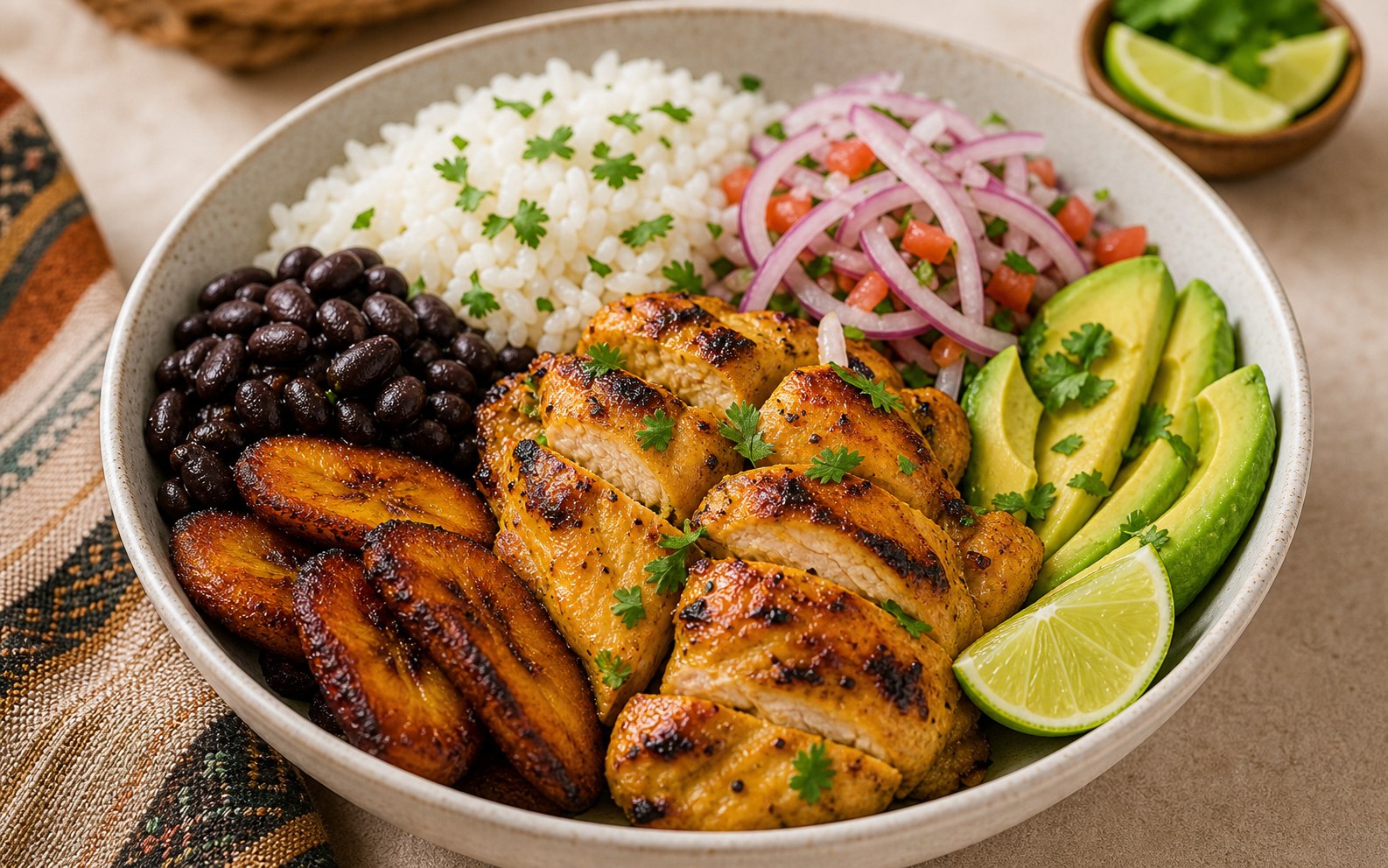 Bowl peruano con pollo, arroz, platano frito y salsa criolla