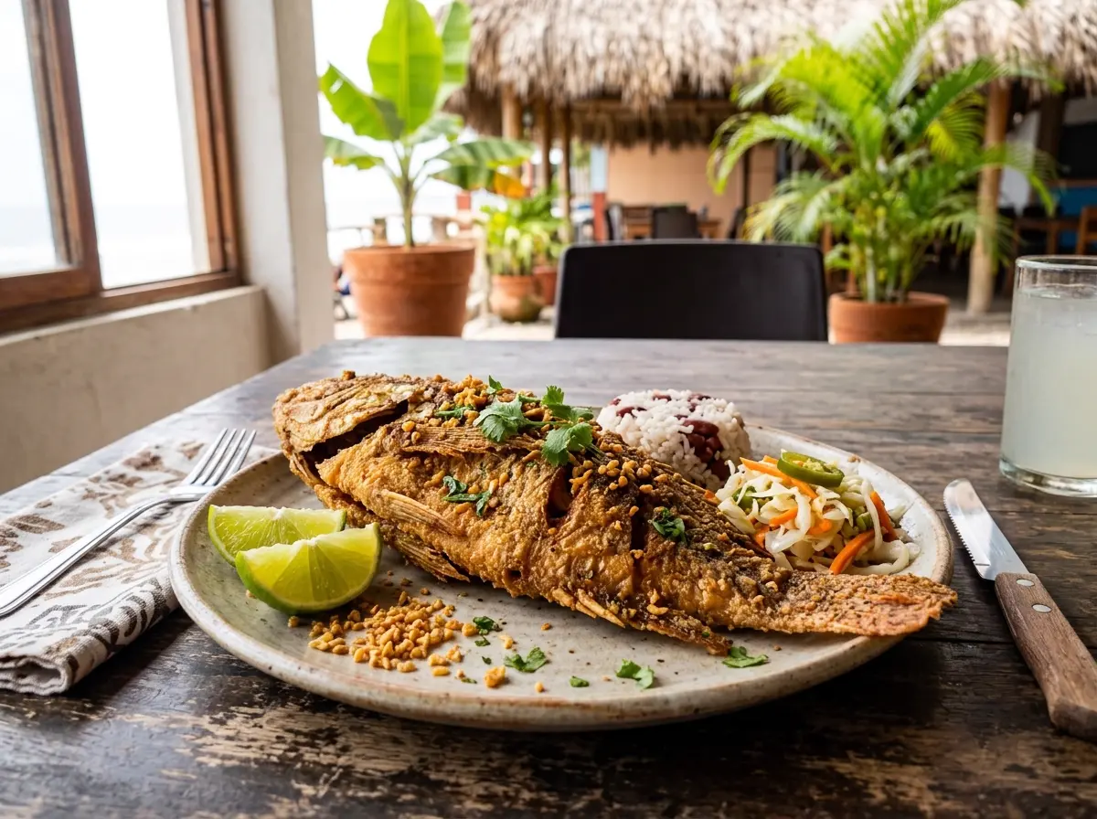 Pescado frito entero muy crujiente con rodajas de limón