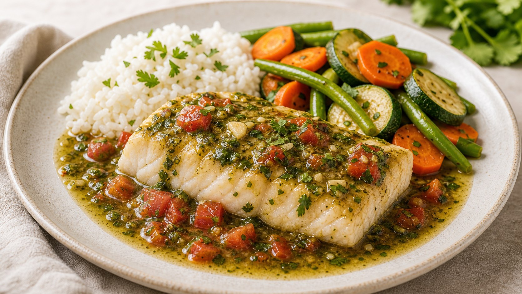 Filete de pescado bañado en salsa verde de cilantro