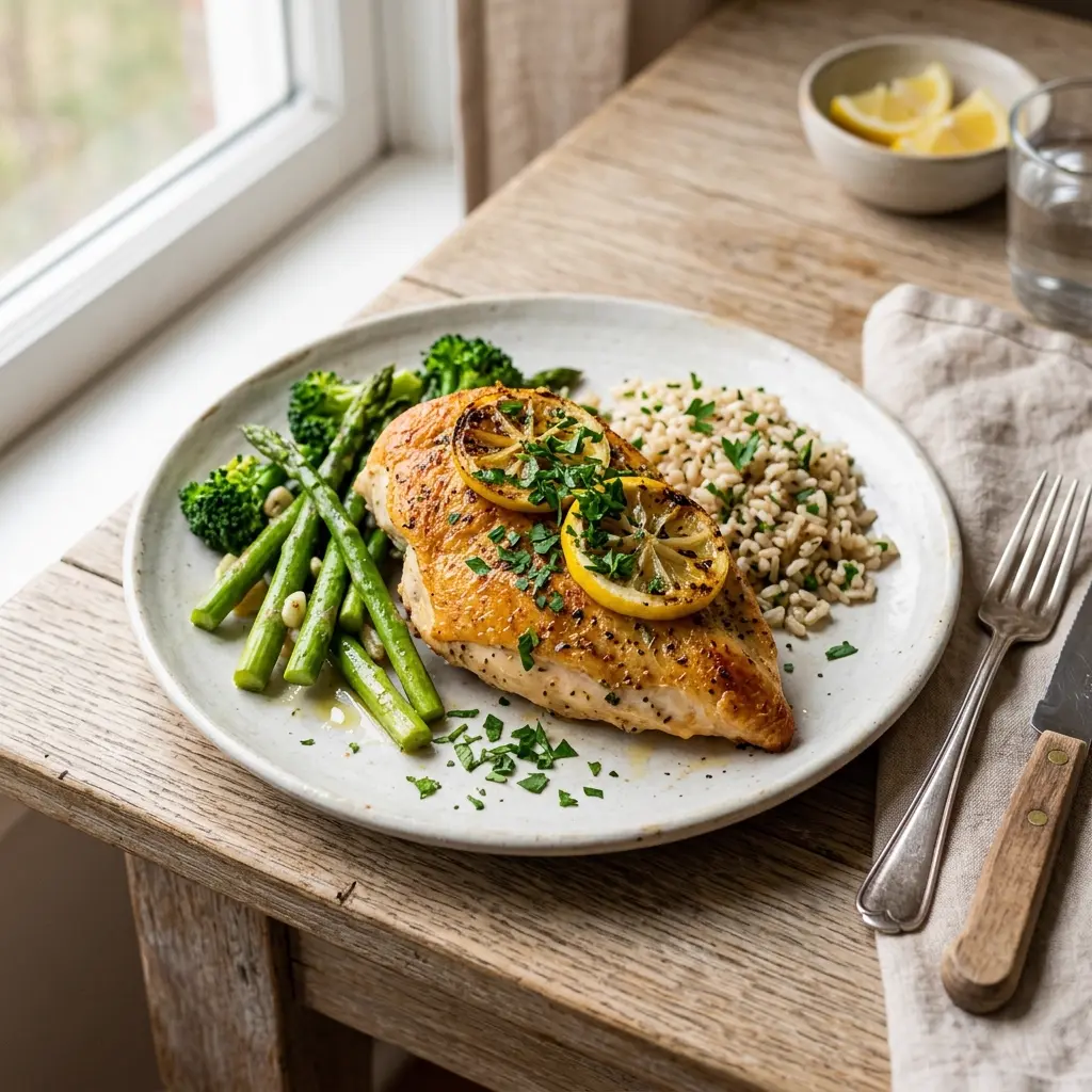 Pechuga de pollo dorada con rodajas de limón y perejil