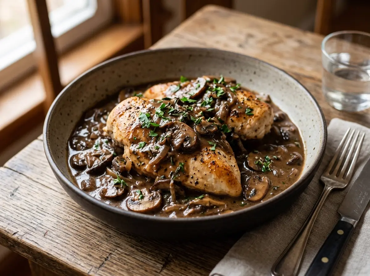 Pechugas de pollo en salsa oscura y cremosa