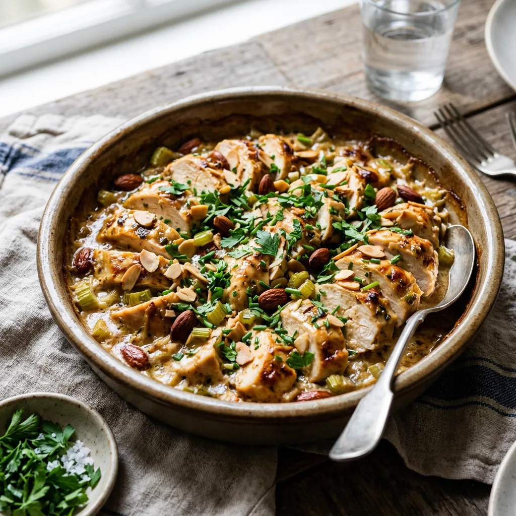 Pollo horneado bañado en salsa cremosa oriental con almendras
