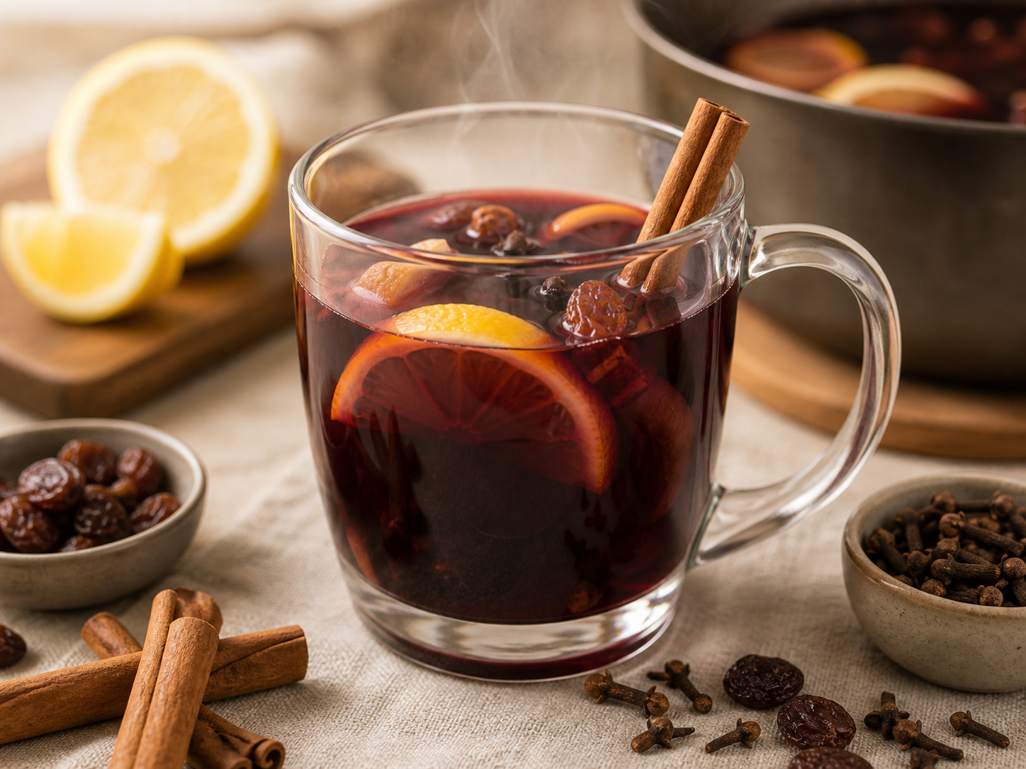 Copa de vino tinto caliente con canela y limón