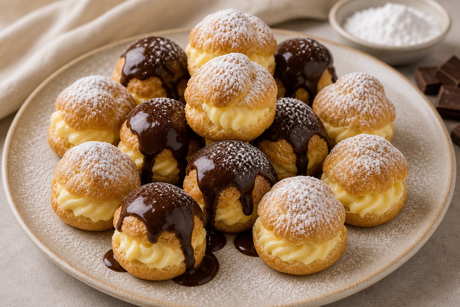 Profiteroles dorados con crema pastelera