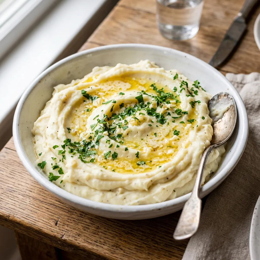 Tazón de puré de papa cremoso con toques de ajo y mantequilla derretida