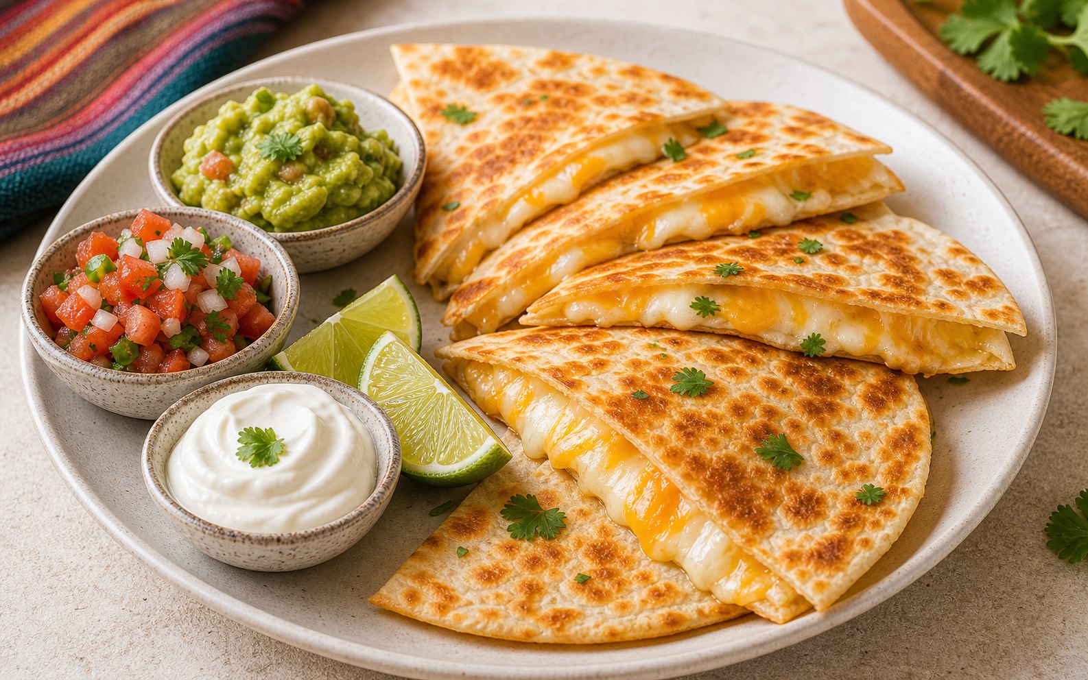 Quesadilla cortada en triángulos con guacamole y pico de gallo